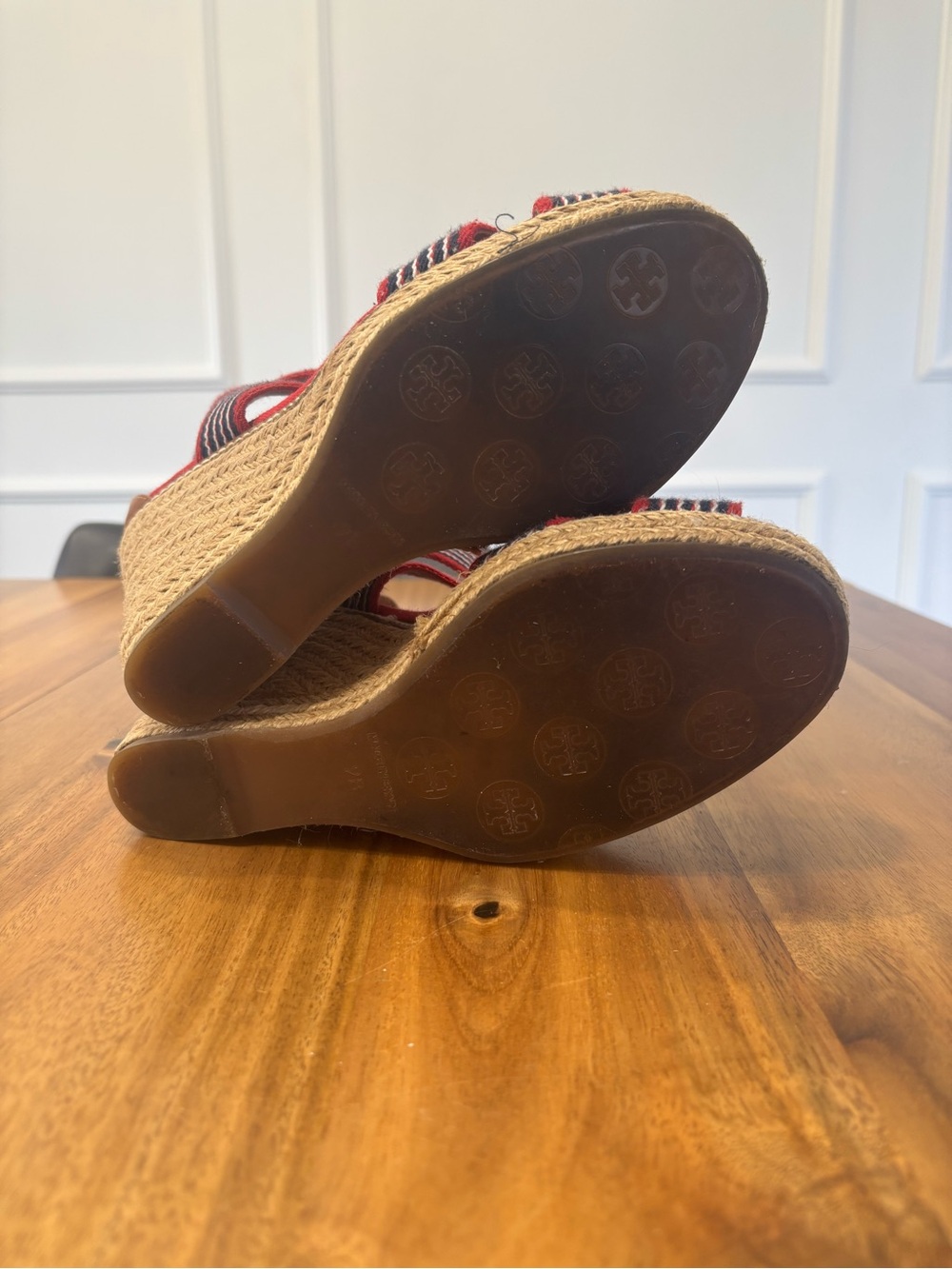 Tory Burch Red Canvas Espadrille Wedge Sandals with Navy & White Straps - Picture 5 of 5